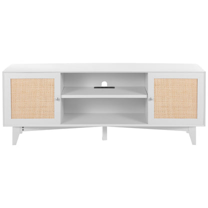 Rattan TV Stand for 75in TV, Boho TV Stand with Rattan Door, Entertainment Center with Build-in Socket, Storage Cabinet with 2 Shelves, Modern TV Console for Living Room, Media Room, White