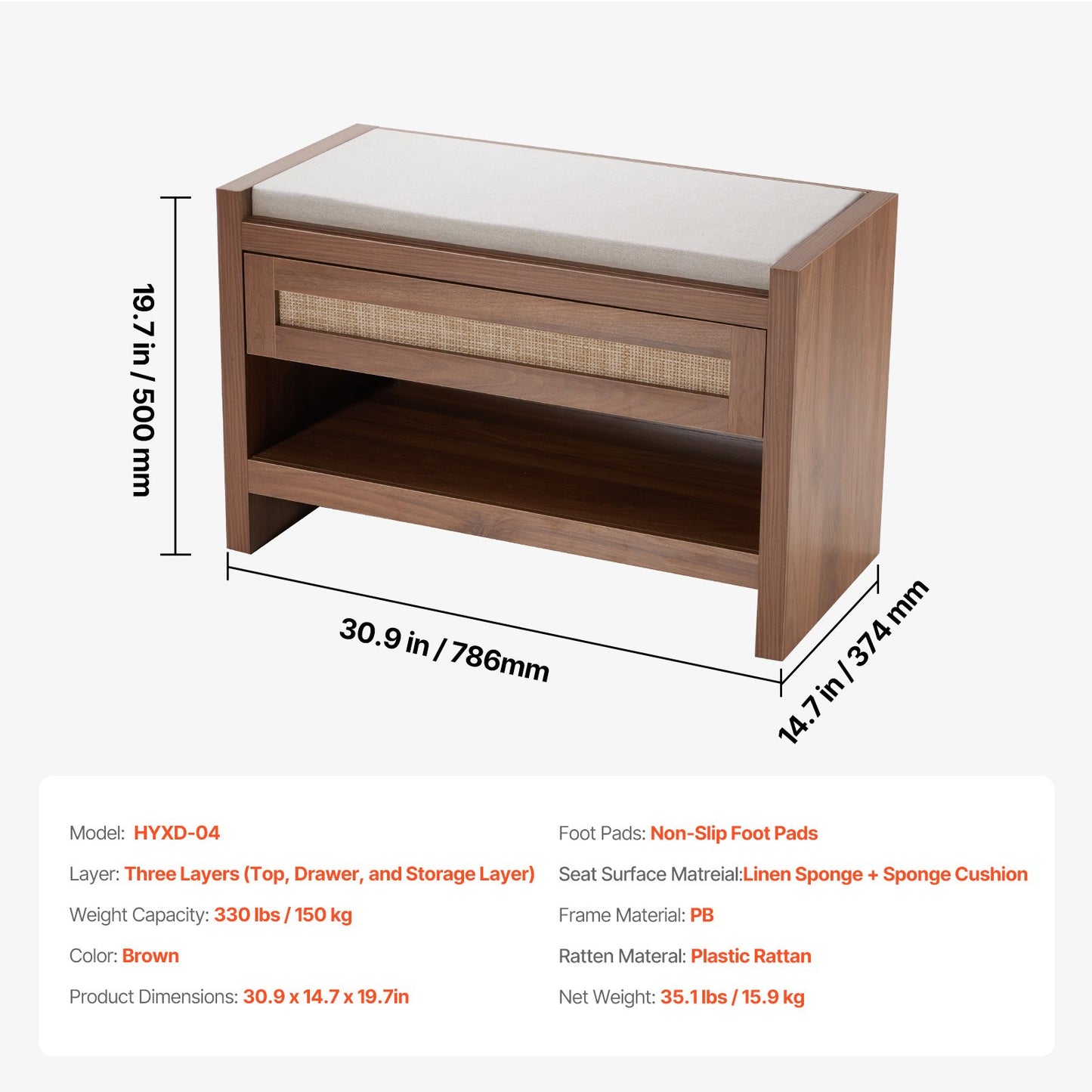 Rattanbank geflochtene Bank 30,9 Zoll für Eingangsbereich, Wohnzimmer und Schlafzimmer