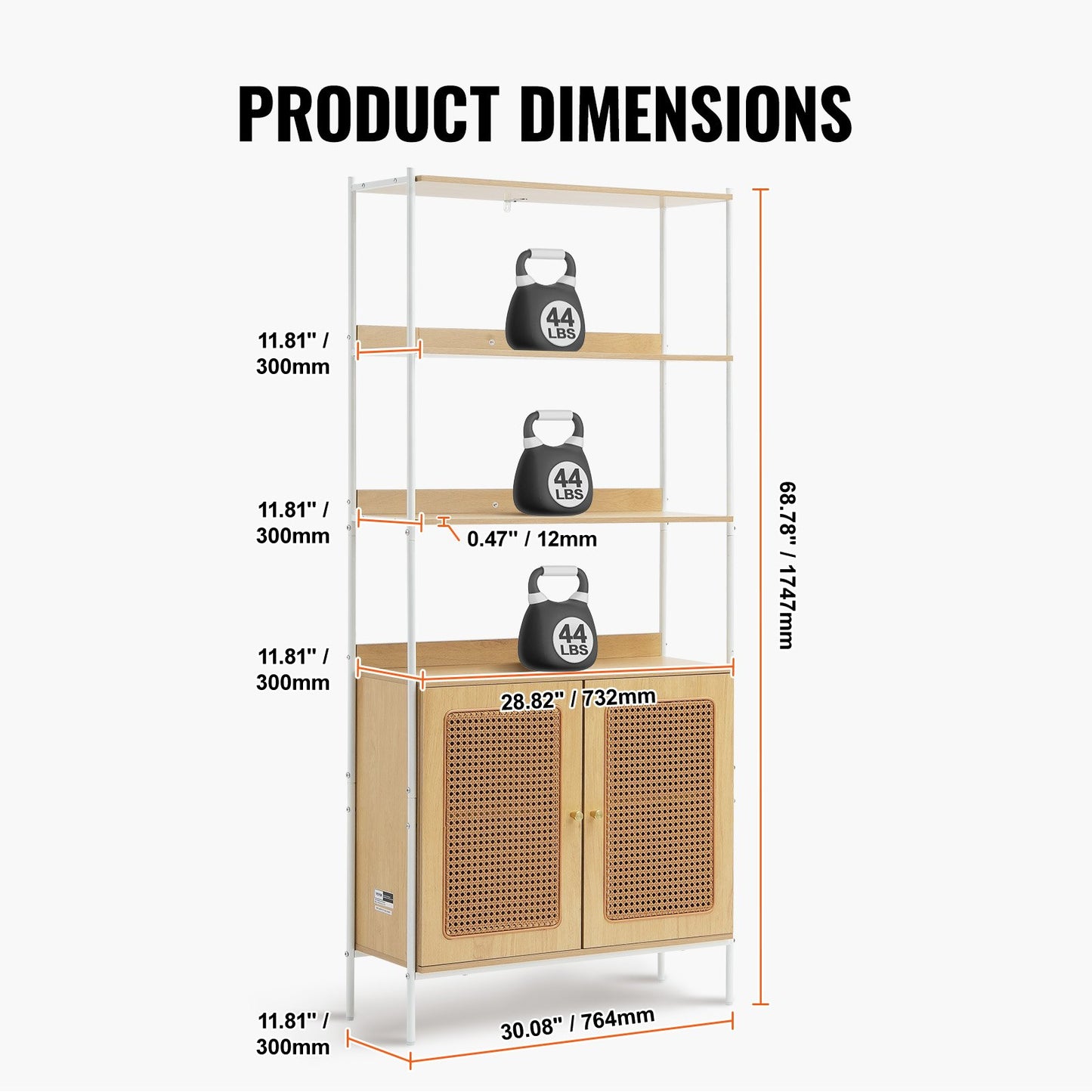 Rotting Bokhylla Stege Hylla med 2 dörrar Rektangel förvaringsställ Naturlig