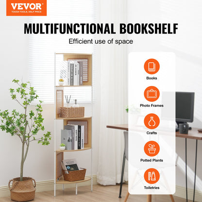 Rattan-Eckbücherregal, 5-stufiges Bambusleiter-Schmalregal, Wand-Eckregal