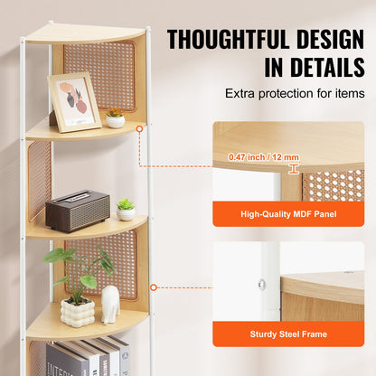 Rattan-Eckbücherregal, 5-stufiges Bambusleiter-Schmalregal, Wand-Eckregal