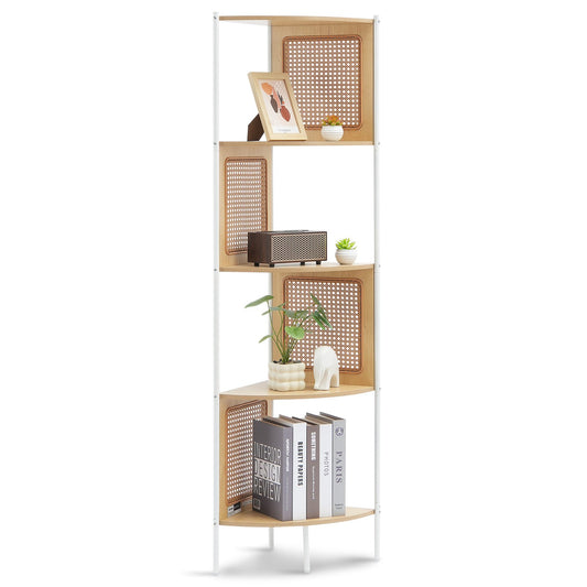 Rattan-Eckbücherregal, 5-stufiges Bambusleiter-Schmalregal, Wand-Eckregal