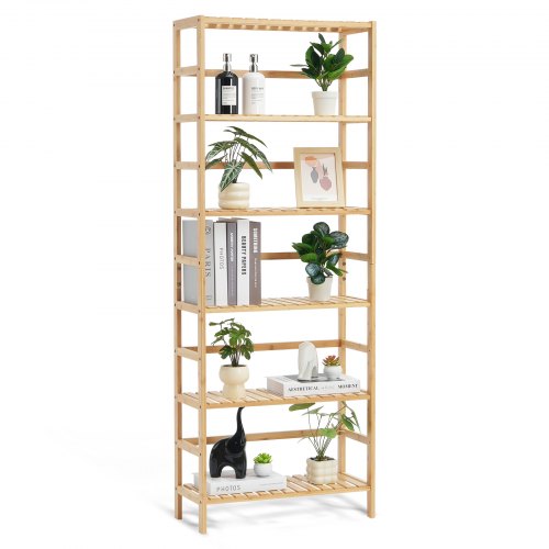 6-Tier Bamboo Shelf, Open Wood Bookshelf, Display Storage Rack Organizer, Freestanding Flower Plant Stand, Multifunctional Bamboo Bookshelf Ideal for Bathroom, Bedroom, Office, Study, Natural