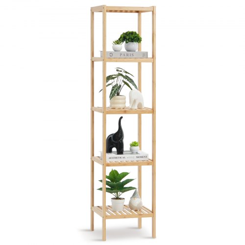 5-Tier Bathroom Standing Shelf, Narrow Shelving Unit, Display Storage Rack Organizer, Freestanding Flower Plant Stand, Multifunctional Bamboo Shelf Ideal for BathRoom, Kitchen, Home, Natural