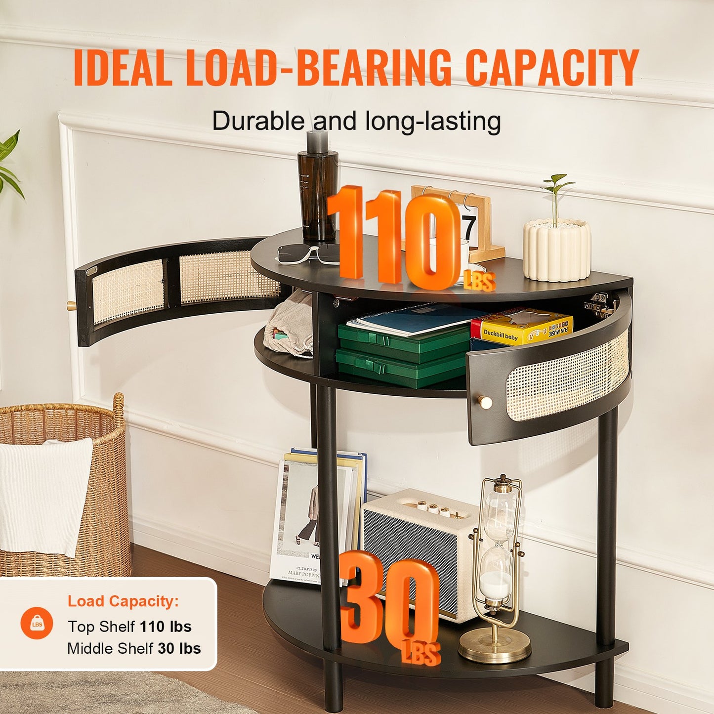 Half-moon Rattan Console Table with 2 Drawers, Rattan Entryway Table with Natural Rattan Sliding Door, Console Table with Storage for Living Room, Study, Entryway Or TV Wall, Black