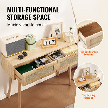 Rattan Console Table with 2 Storage Drawers, Rattan Entryway Table with Natural Rattan Sliding Door, Console Sofa Table for Living Room, Study, Entryway Or TV Wall, Natural