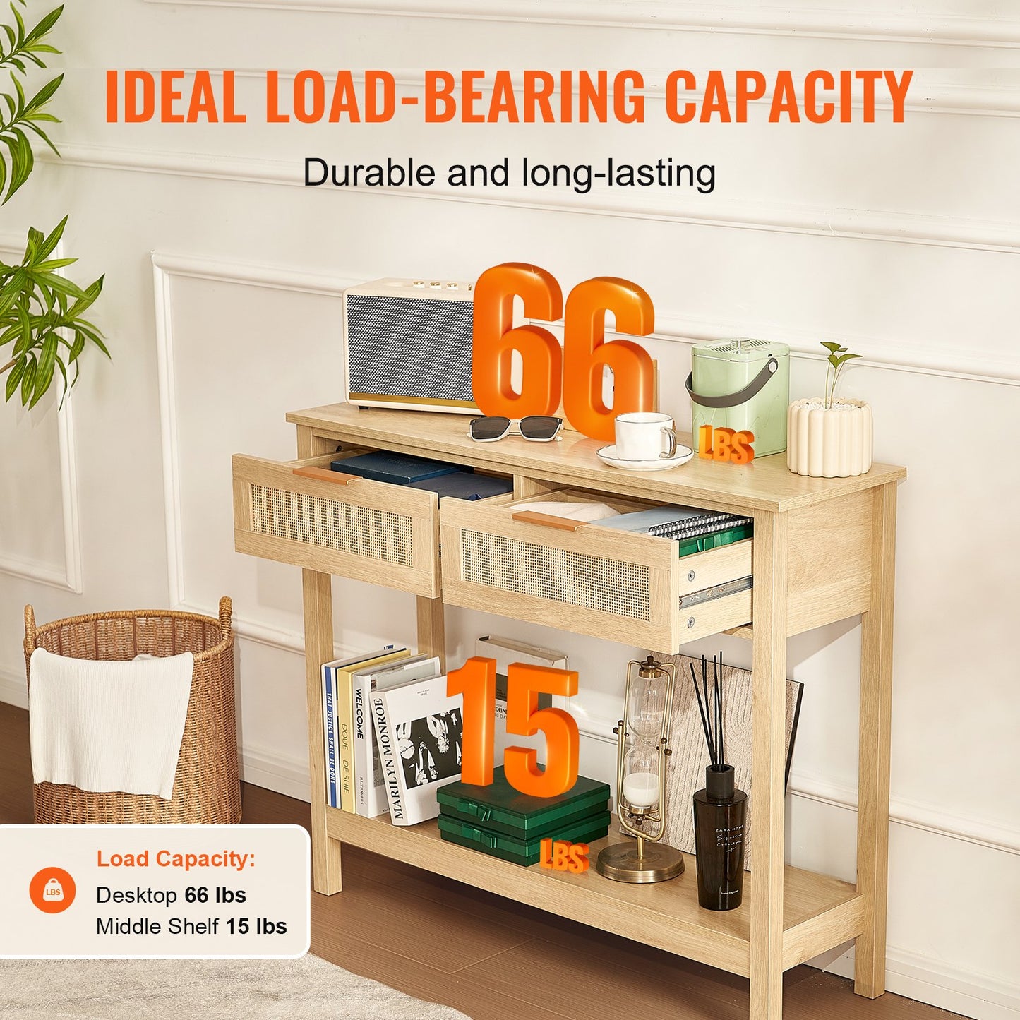 Rotting konsolbord med 2 förvaringslådor Rotting skjutdörr Naturell