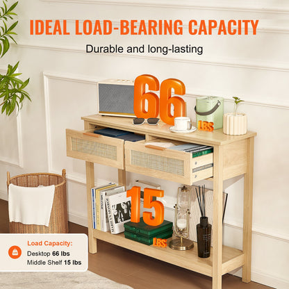 Rotting konsolbord med 2 förvaringslådor Rotting skjutdörr Naturell