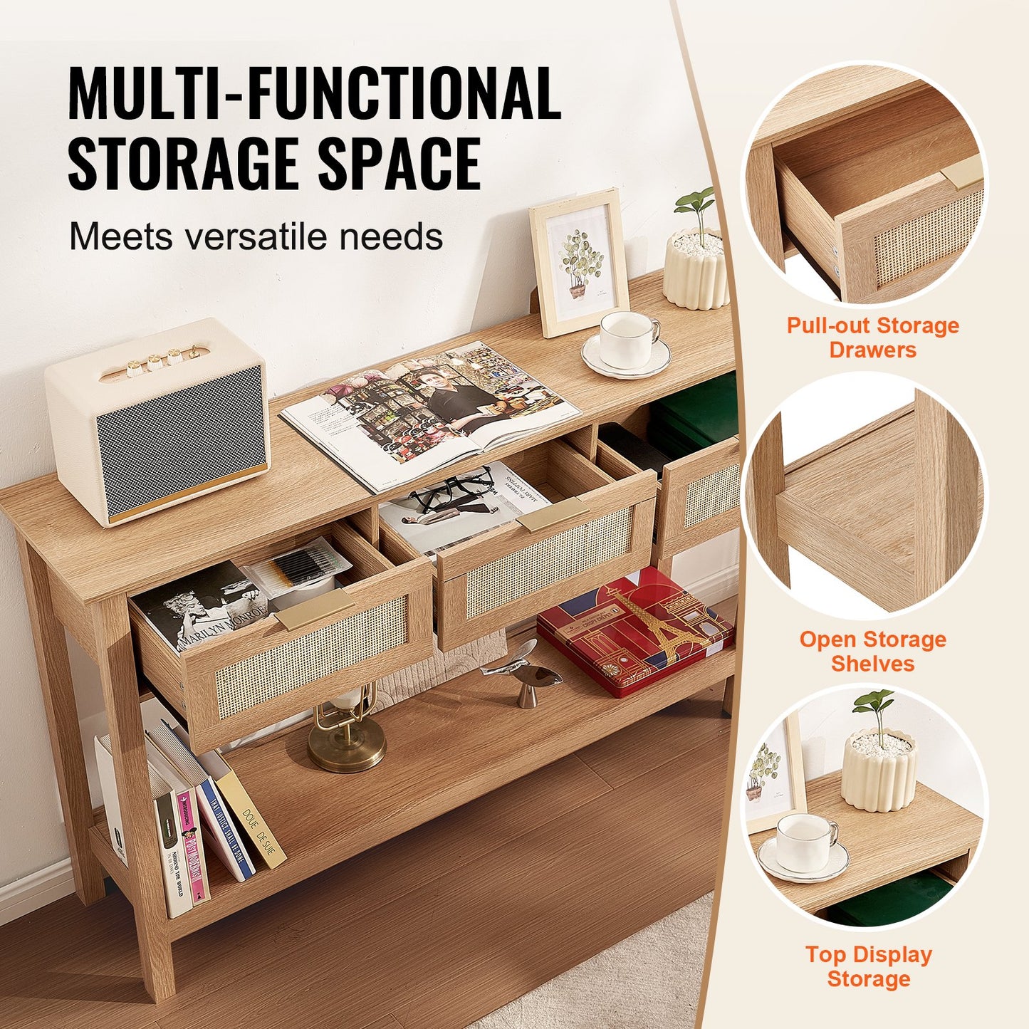 Rattan Console Table with 3 Storage Drawers, Rattan Entryway Table with Natural Rattan Sliding Door, Console Sofa Table for Living Room, Study, Entryway Or TV Wall, Natural