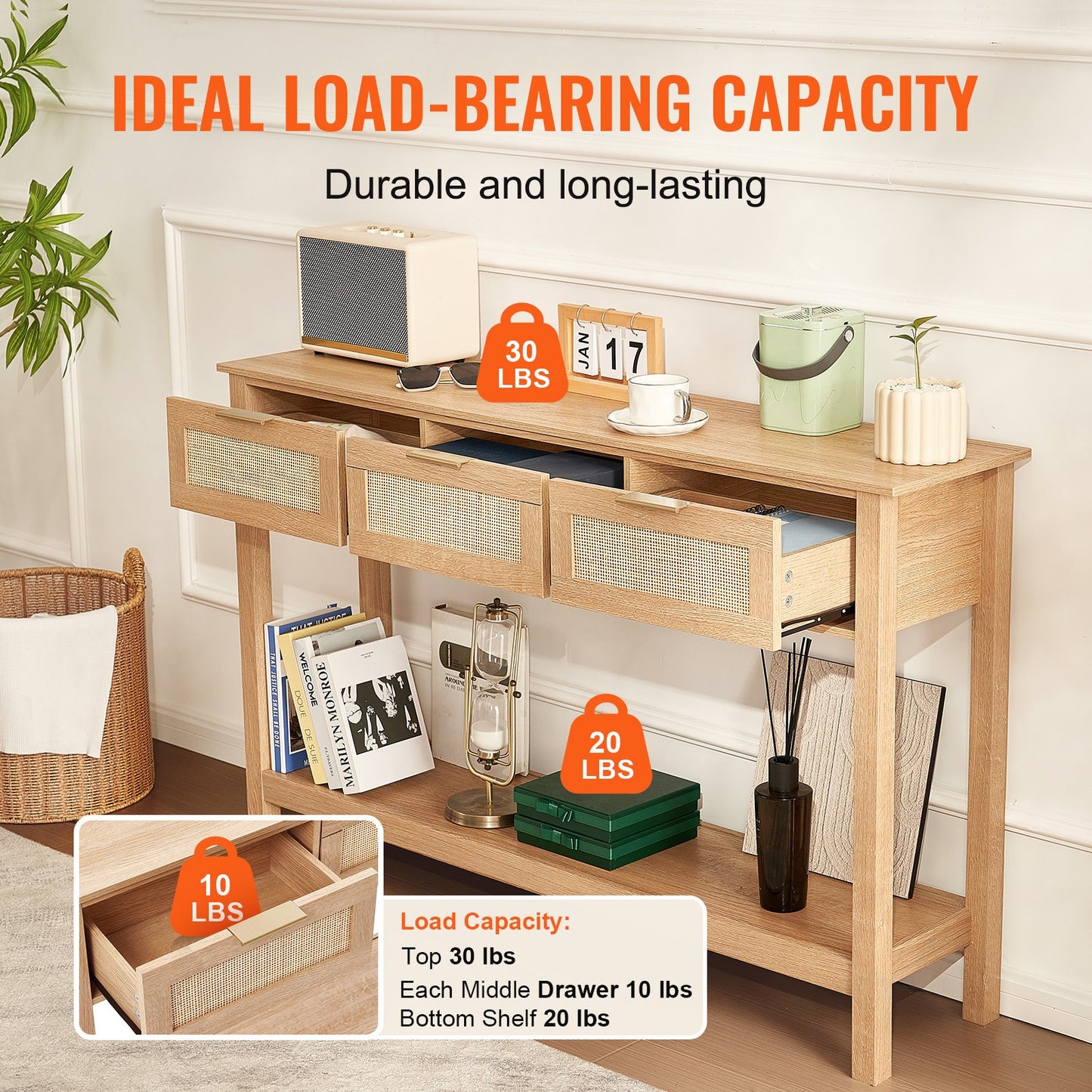 Rattan Console Table with 3 Storage Drawers, Rattan Entryway Table with Natural Rattan Sliding Door, Console Sofa Table for Living Room, Study, Entryway Or TV Wall, Natural