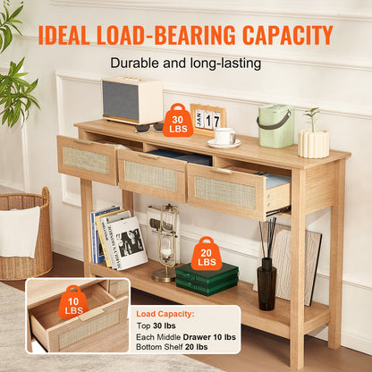 Rattan Console Table with 3 Storage Drawers, Rattan Entryway Table with Natural Rattan Sliding Door, Console Sofa Table for Living Room, Study, Entryway Or TV Wall, Natural