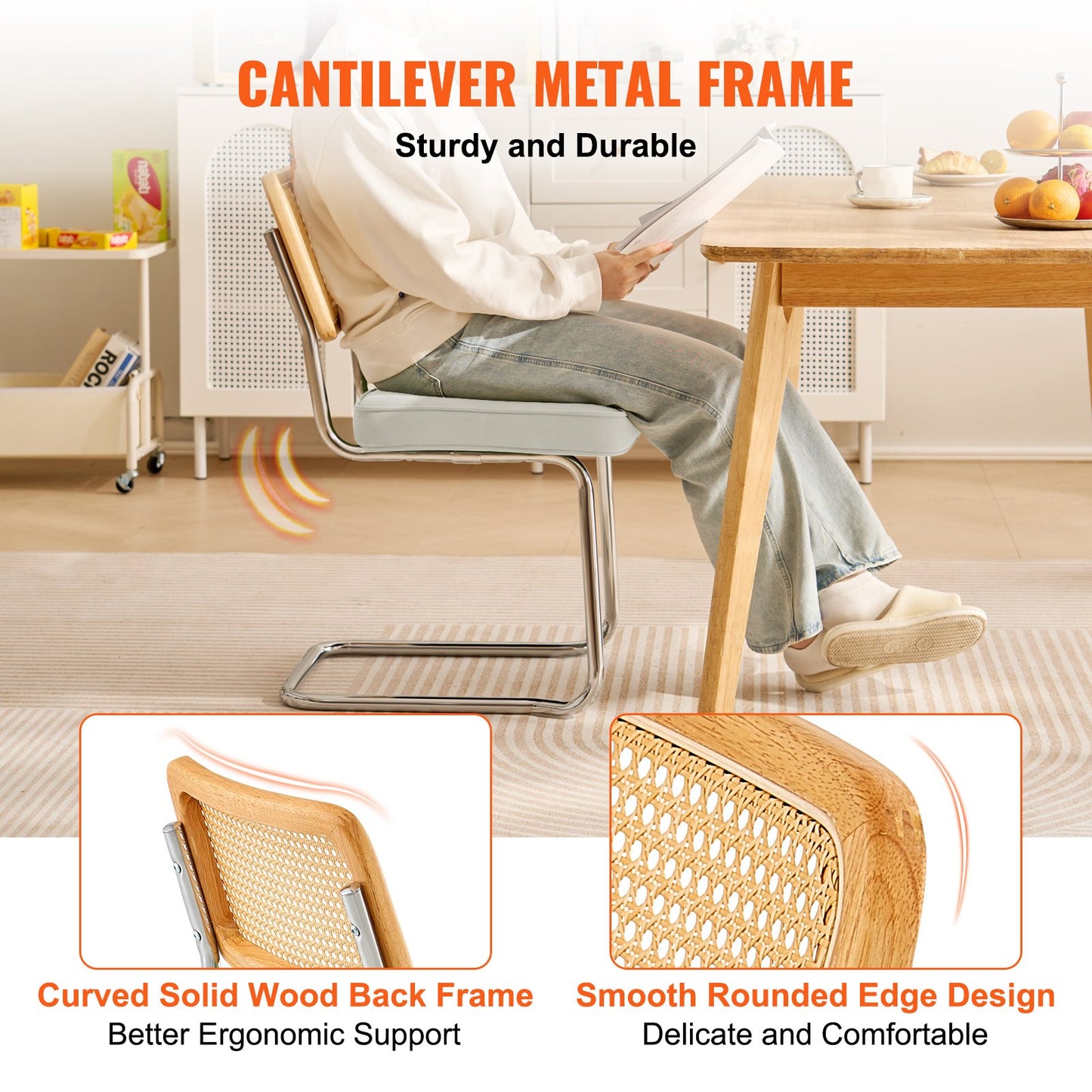 Rattan Dining Chairs Set of 2, Mid Century Modern Dining Chair, Upholstered Velvet Accent Chair with Rattan Back, Retro Dining Room Kitchen Chair for Living Room, Bedroom, Office (18.1 Inch)