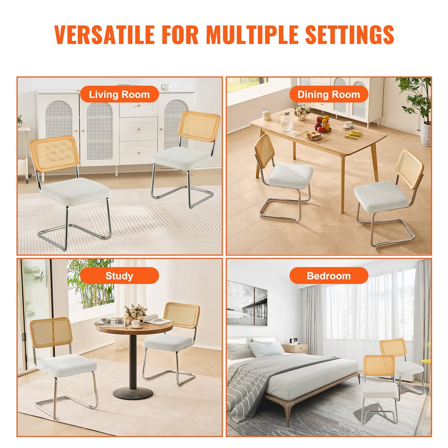 Rattan Dining Chairs Set of 2, Mid Century Modern Dining Chair, Upholstered Velvet Accent Chair with Rattan Back, Retro Dining Room Kitchen Chair for Living Room, Bedroom, Office (18.1 Inch)