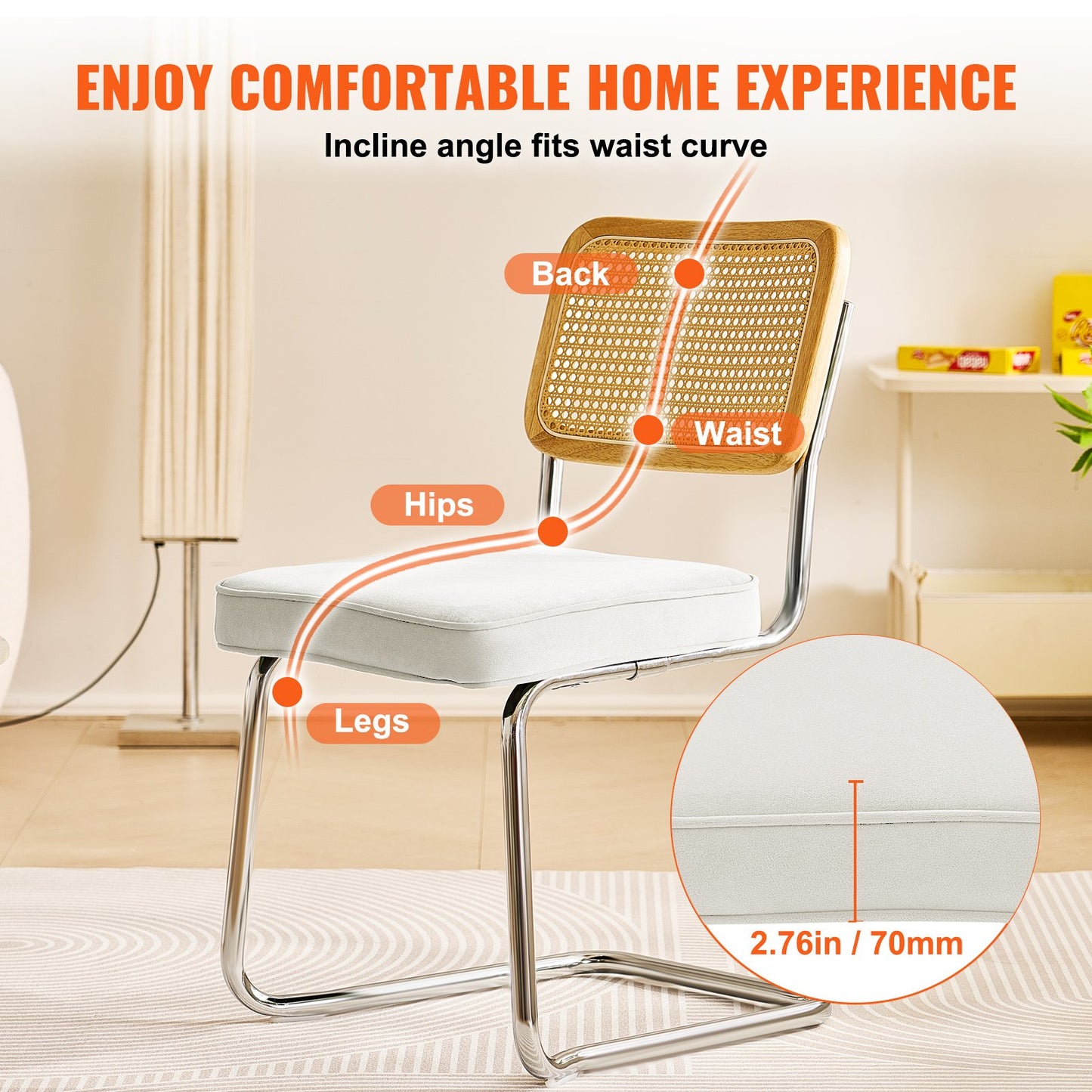 Rattan Dining Chairs Set of 2, Mid Century Modern Dining Chair, Upholstered Velvet Accent Chair with Rattan Back, Retro Dining Room Kitchen Chair for Living Room, Bedroom, Office (18.1 Inch)