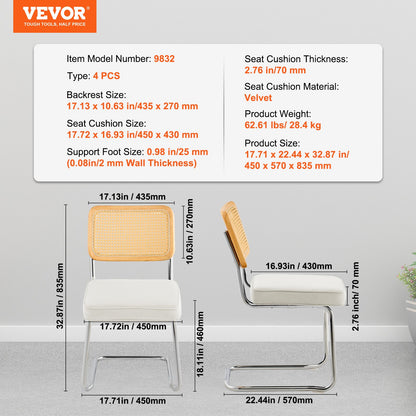 Rattan Dining Chairs Set of 4, Mid Century Modern Dining Chair, Upholstered Velvet Accent Chair with Rattan Back, Retro Dining Room Kitchen Chair for Living Room, Bedroom, Office (18.1 Inch)