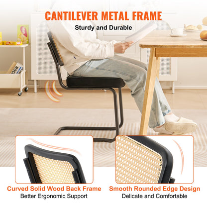 Rottingstolar, set med 2, modern matstol från mitten av århundradet, klädd sammetsstol med rygg i rotting, retro matsal köksstol för vardagsrum, sovrum, läsrum, kontor, svart