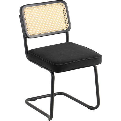 Rottingstolar, set med 2, modern matstol från mitten av århundradet, klädd sammetsstol med rygg i rotting, retro matsal köksstol för vardagsrum, sovrum, läsrum, kontor, svart