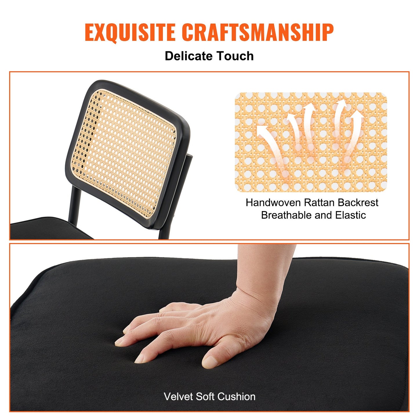 Rottingstolar, set om 4, modern matstol från mitten av århundradet, klädd sammetsstol med rygg i rotting, retro matsal köksstol för vardagsrum, sovrum, läsrum, kontor, svart