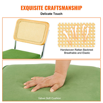 Rattan Dining Chairs Set of 2, Mid Century Modern Dining Chair, Upholstered Velvet Accent Chair with Rattan Back, Retro Dining Room Kitchen Chair for Living Room, Bedroom, Office (18.1 Inch)