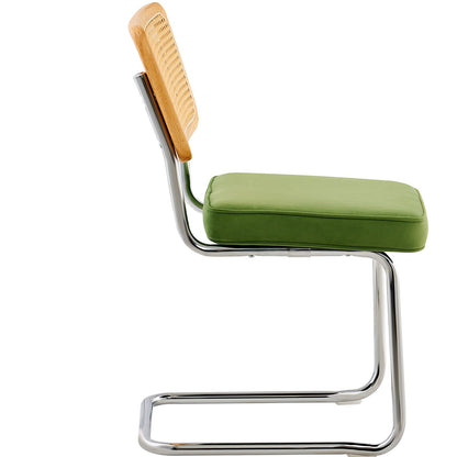 Rottingstolar, set om 4, modern matsalsstol från mitten av århundradet, klädd sammetsstol med rygg i rotting, Retro matsal köksstol för vardagsrum, sovrum, läsrum, kontor, grön