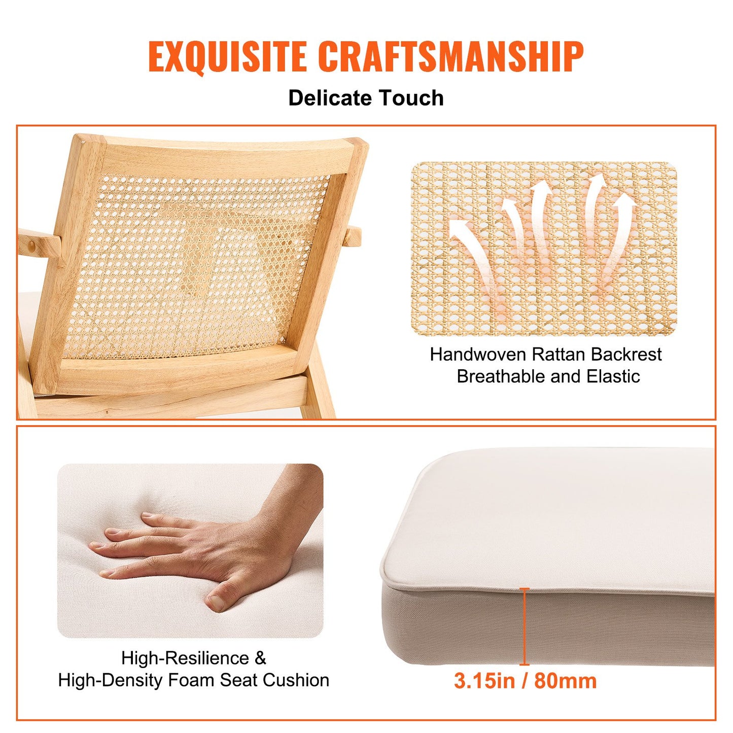 Rottingstol, Mid Century Modern Matsalsstol med armstöd, stoppad stol med rottingrygg, Retro Rotting Matsal Köksstol för vardagsrum, sovrum, läsrum och kontor, beige