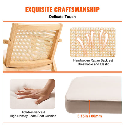 Rottingstol, Mid Century Modern Matsalsstol med armstöd, stoppad stol med rottingrygg, Retro Rotting Matsal Köksstol för vardagsrum, sovrum, läsrum och kontor, beige