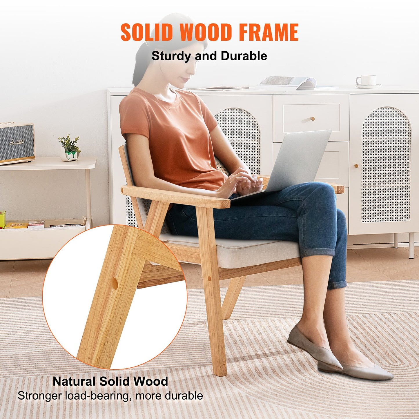 Rottingstol, Mid Century Modern Matsalsstol med armstöd, stoppad stol med rottingrygg, Retro Rotting Matsal Köksstol för vardagsrum, sovrum, läsrum och kontor, beige