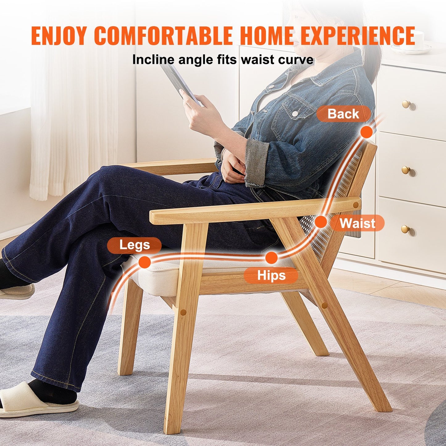 Rottingstol, Mid Century Modern Matsalsstol med armstöd, stoppad stol med rottingrygg, Retro Rotting Matsal Köksstol för vardagsrum, sovrum, läsrum och kontor, beige