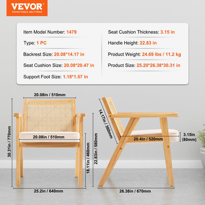Rottingstol, Mid Century Modern Matsalsstol med armstöd, stoppad stol med rottingrygg, Retro Rotting Matsal Köksstol för vardagsrum, sovrum, läsrum och kontor, beige