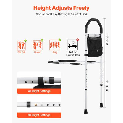 Sänggrind för äldre, Sängstöd med stödben och PU-ledstång, Höjdjusterbar sängkäpp i kolstålsrör, Sängstänger för seniorer och patienter, Passar King, Queen, Full, Twin |  EU