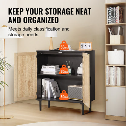 Rattan Cabinet, Rattan Storage Cabinet with 2 Magnetic Doors and Adjustable Shelves, Sideboard Buffet Cabinet for Hallway, Entryway, Living Room, or Kitchen, Black