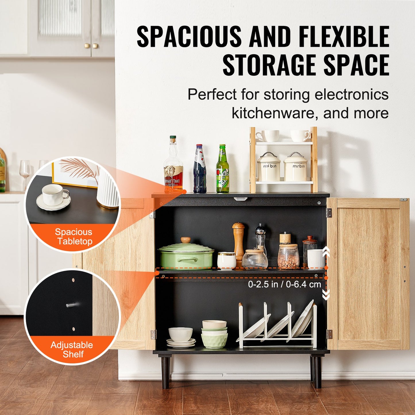 Rattan Cabinet, Rattan Storage Cabinet with 2 Magnetic Doors and Adjustable Shelves, Sideboard Buffet Cabinet for Hallway, Entryway, Living Room, or Kitchen, Black