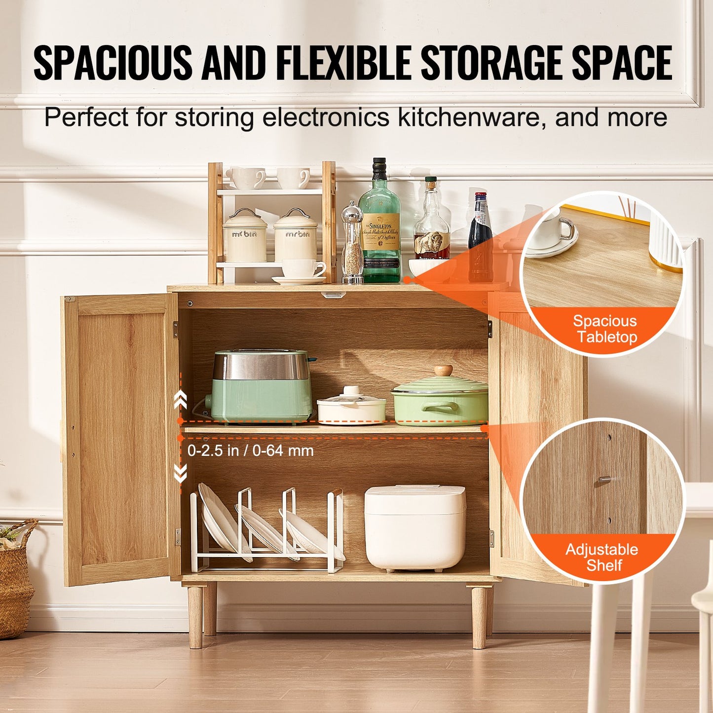 Rattan Cabinet, Rattan Storage Cabinet with 2 Magnetic Doors and Adjustable Shelves, Sideboard Buffet Cabinet for Hallway, Entryway, Living Room, or Kitchen, Natural