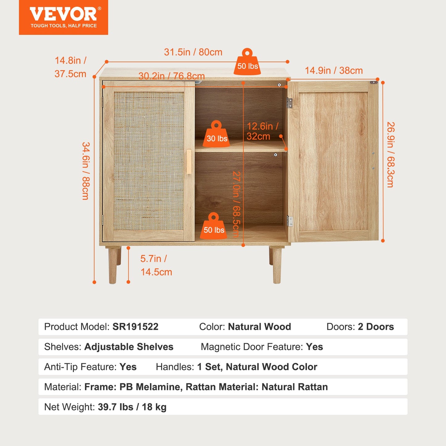 Rattan Cabinet, Rattan Storage Cabinet with 2 Magnetic Doors and Adjustable Shelves, Sideboard Buffet Cabinet for Hallway, Entryway, Living Room, or Kitchen, Natural