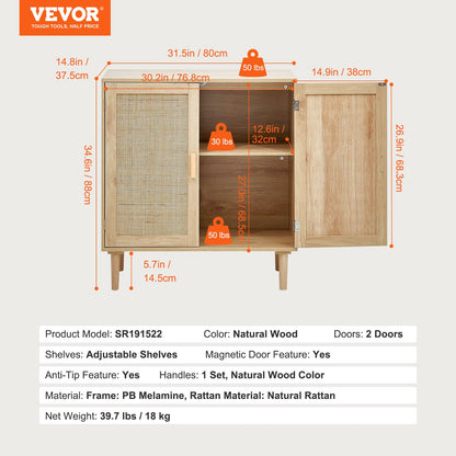 Rattan Cabinet, Rattan Storage Cabinet with 2 Magnetic Doors and Adjustable Shelves, Sideboard Buffet Cabinet for Hallway, Entryway, Living Room, or Kitchen, Natural