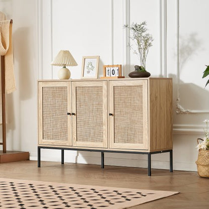 Rattan Cabinet, Rattan Storage Cabinet with 3 Magnetic Doors and Adjustable Shelves, Sideboard Buffet Cabinet for Hallway, Entryway, Living Room, or Kitchen, Natural