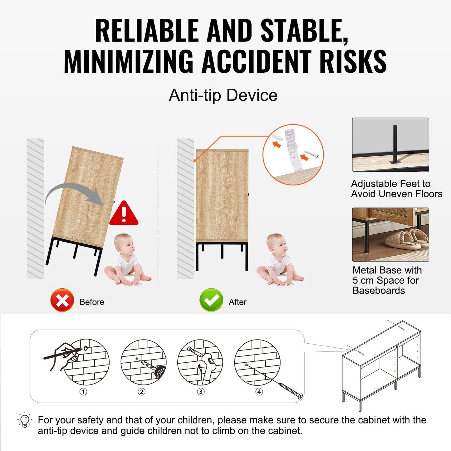 Rotting Skåp Förvaring med 3 magnetiska dörrar och justerbara hyllor Natural