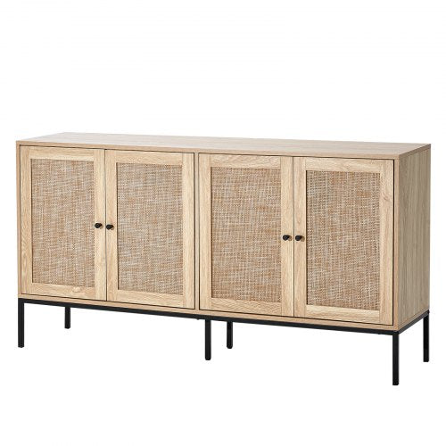 Rattan Cabinet, Rattan Storage Cabinet with 4 Magnetic Doors and Adjustable Shelves, Sideboard Buffet Cabinet for Hallway, Entryway, Living Room, or Kitchen, Natural