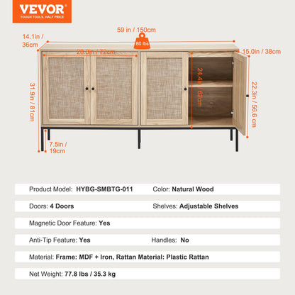 Rattanschrank mit 4 magnetischen Türen und verstellbaren Regalen, natur