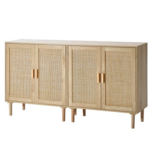 Rattan Cabinet, Set of 2, Rattan Storage Cabinet with 4 Magnetic Doors and Adjustable Shelves, Sideboard Buffet Cabinet for Hallway, Entryway, Living Room, or Kitchen, Natural