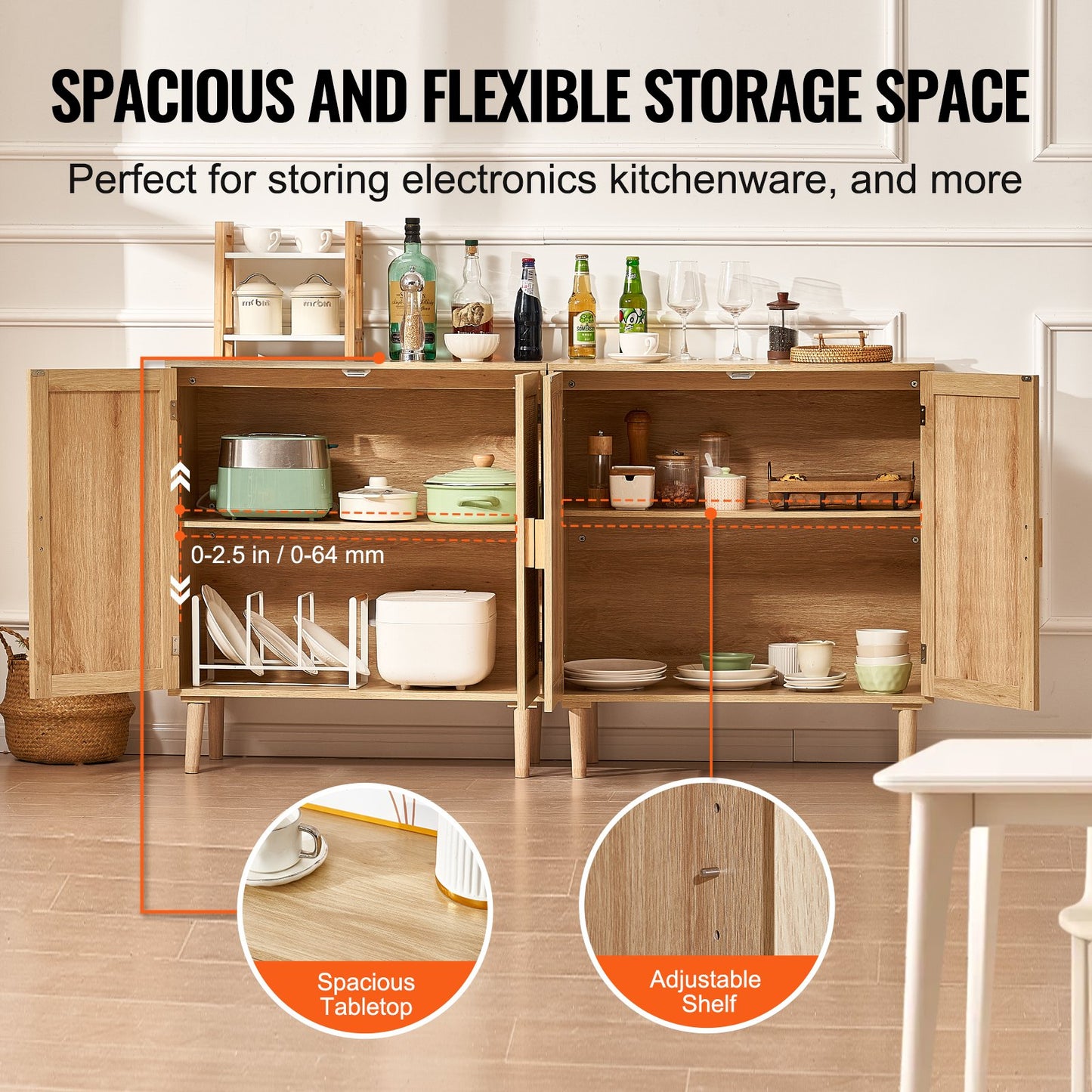 Rattan Cabinet, Set of 2, Rattan Storage Cabinet with 4 Magnetic Doors and Adjustable Shelves, Sideboard Buffet Cabinet for Hallway, Entryway, Living Room, or Kitchen, Natural