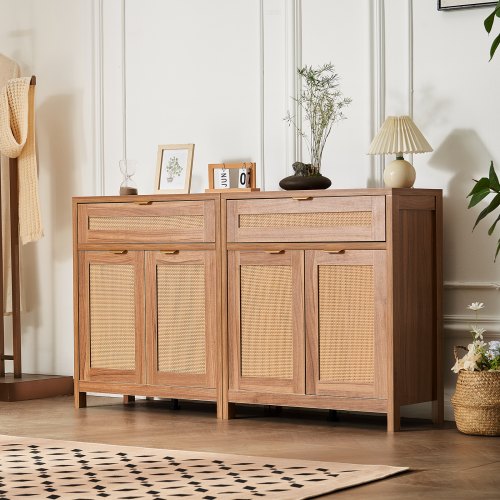 Rattan Cabinet, Set of 2, Rattan Storage Cabinet with 4 Magnetic Doors and 2 Drawers, Sideboard Buffet Cabinet with Adjustable Shelves, for Hallway, Entryway, Living Room, or Kitchen, Natural