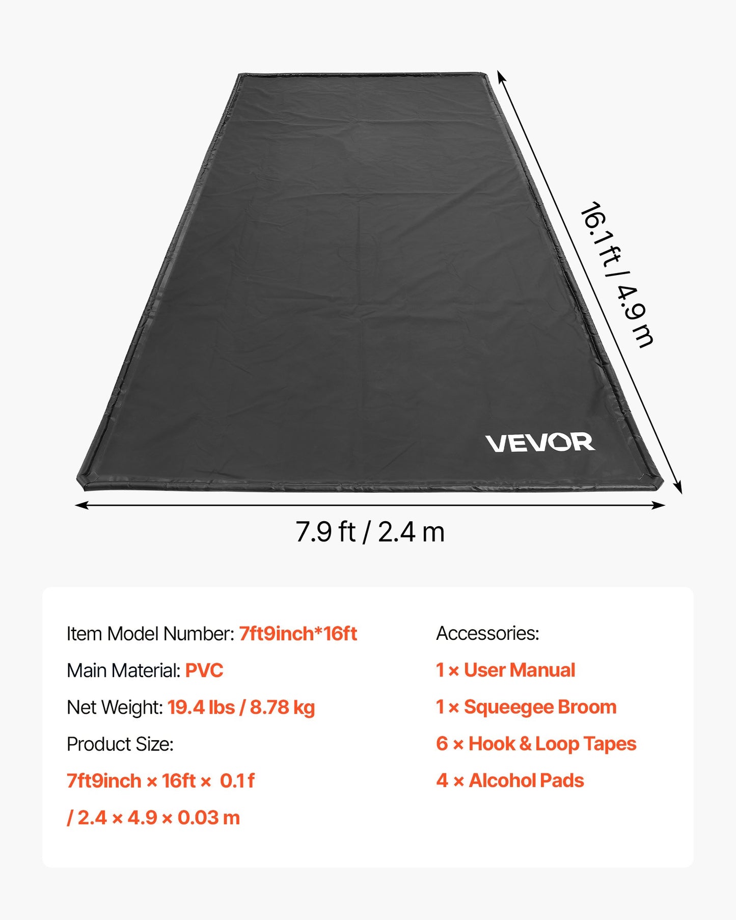 Containment Mat, 7 ft 9 in x 16 ft, Non-Slip PVC Garage Floor Mat with a Cleaning Squeegee, Heavy Duty Durable Waterproof Containment Protection from Snow, Rain and Mud for Cars Parking, Black