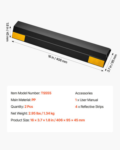 Parking Stopper, 16 Inch 2 Pcs Heavy Duty Parking Aid for Garage, PP Curb Garage Floor Stopper with Reflective Strips, Vehicles Gadgets for Cars Vans Trucks Tire Wheel Guide Block Stops Bumpers
