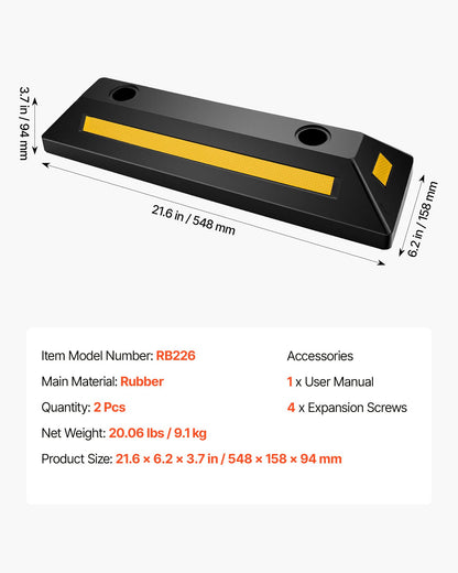 Parking Stopper, 21.6 Inch 2 Pcs Heavy Duty Parking Aid for Garage, Rubber Curb Garage Floor Stopper with Reflective Strips, Aid Gadgets for Cars Vans Trucks Tire Wheel Guide Block Stops Bumpers
