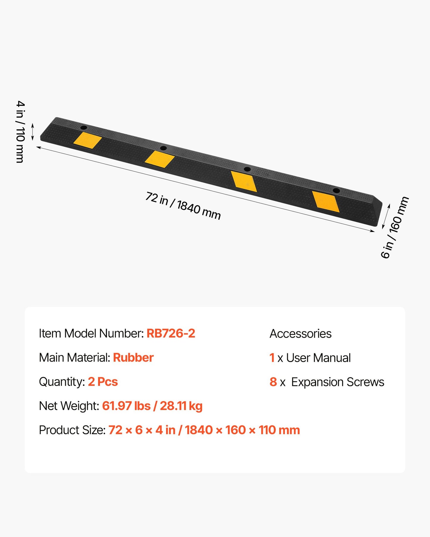 Parking Stopper, 72 Inch 2 Pcs Heavy Duty Parking Aid for Garage, Rubber Curb Garage Floor Stopper with Reflective Strips, Aid Gadgets for Cars Vans Trucks Tire Wheel Guide Block Stops Bumpers