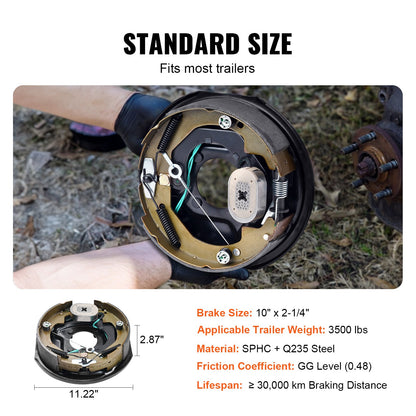 Electric Trailer Brake Assembly, 10" x 2.25", 1 Pair Self-Adjusting Electric Brakes Kit for 3500 lbs Axle, 4-Hole Mounting, Backing Plates for Brake System Part Replacement (1 Right + 1 Left)