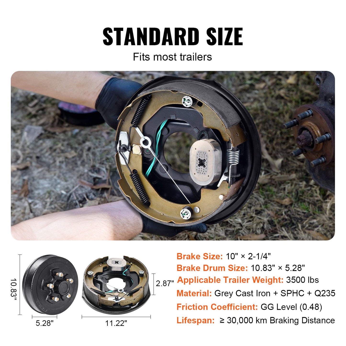 Trailer Hub Drum Kits 5 on 4.5" B.C. with 10" x 2-1/4" Electric Brakes, Self-Adjusting Trailer Brake Assembly for 3500 lbs Axle, 4-Hole Mounting, Backing Plates for Brake System Part Replacement