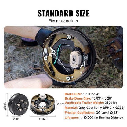 Trailer Hub Drum Kits 5 on 4.5" B.C. with 10" x 2-1/4" Electric Brakes, Self-Adjusting Trailer Brake Assembly for 3500 lbs Axle, 4-Hole Mounting, Backing Plates for Brake System Part Replacement