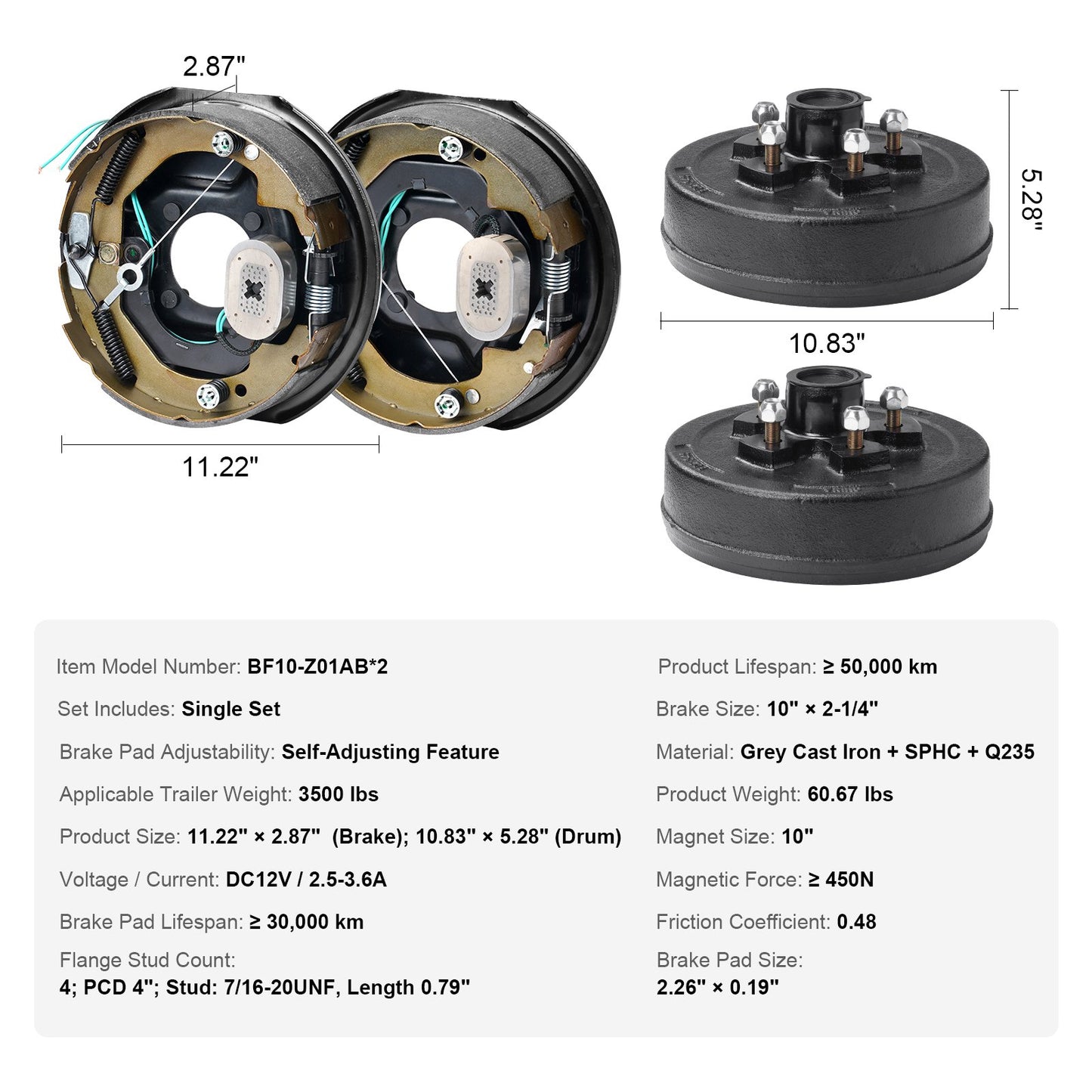 Trailer Hub Drum Kits 5 on 4.5" B.C. with 10" x 2-1/4" Electric Brakes, Self-Adjusting Trailer Brake Assembly for 3500 lbs Axle, 4-Hole Mounting, Backing Plates for Brake System Part Replacement